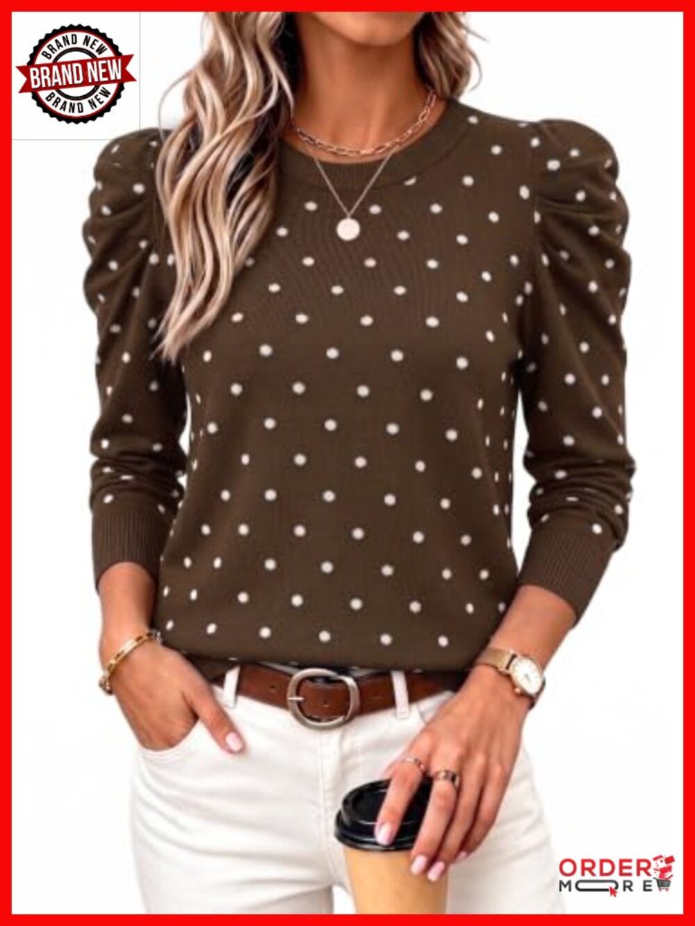 Womens Long Sleeve Puff Sleeve Knit Sweater Pullover Crew Neck Fall Top